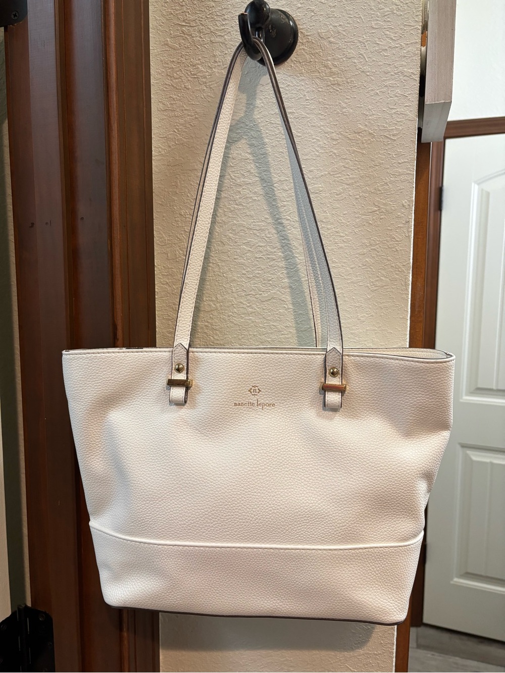 Nanette Lepore white pebble leather tote with gold-tone accents